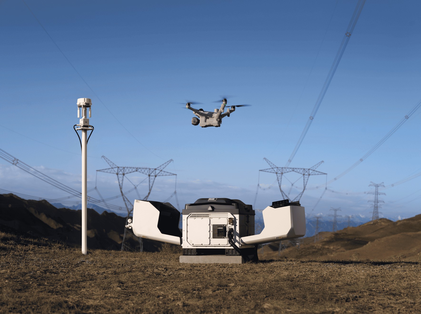 DJI source promotional image of Dock 4 and its aircraft. Manufacturer presentation; no independent response-time or availability result implied.