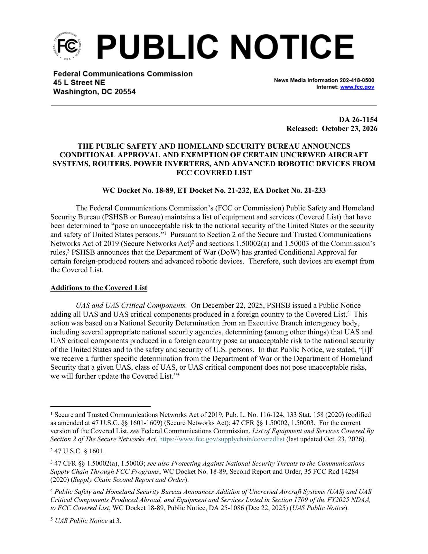 First page of FCC public notice DA 26-1154, October 23, 2026. Original source document; no product-performance endorsement implied.