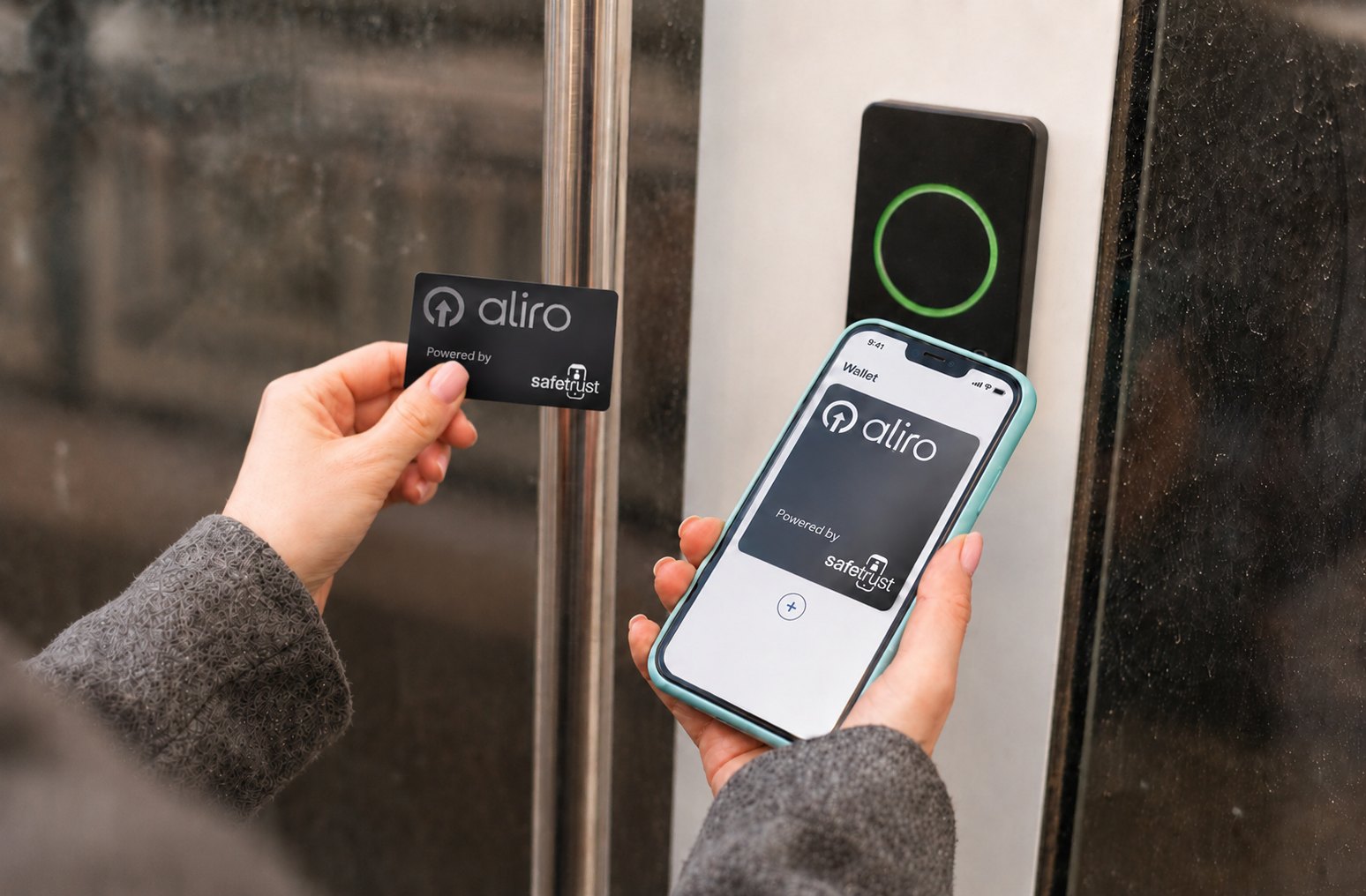 A card and mobile Aliro credential being presented at a door reader