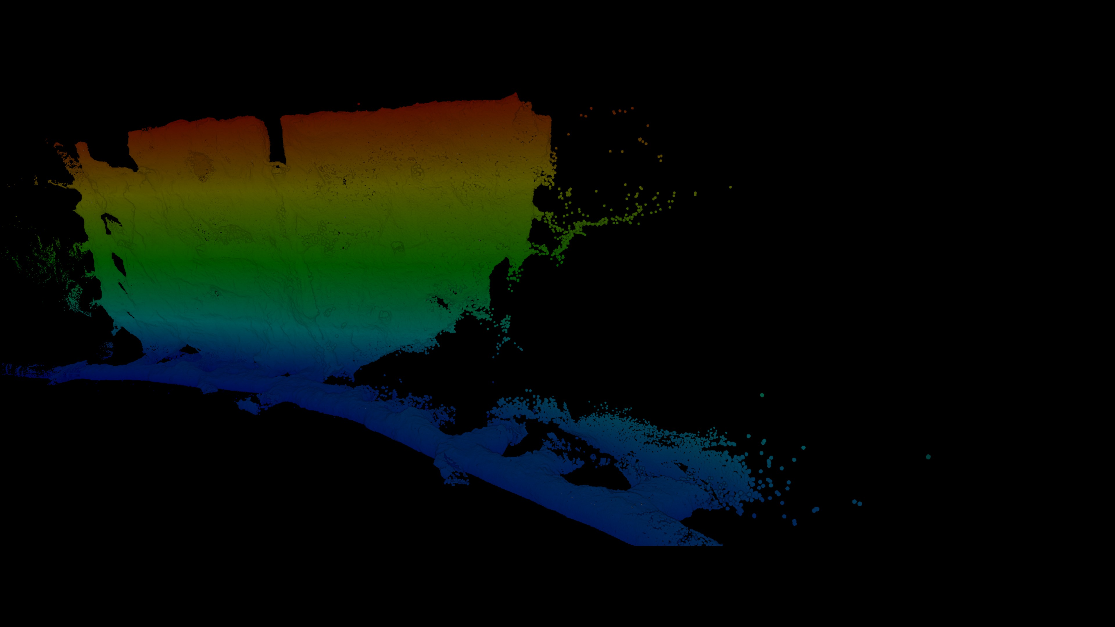Flyability source colorized point-cloud illustration accompanying its mapping webinar. Processed presentation, not an independently measured accuracy result.