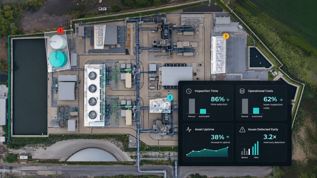 Percepto source platform illustration with an infrastructure view and presentation overlays. Supplier illustration, not an independent operational result.