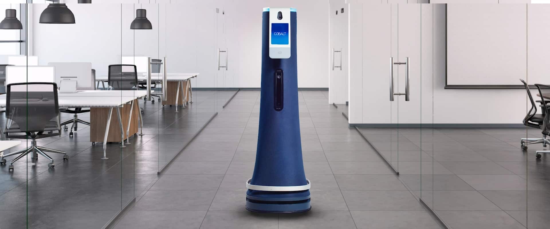 Cobalt indoor patrol robot in the supplier's office photograph.