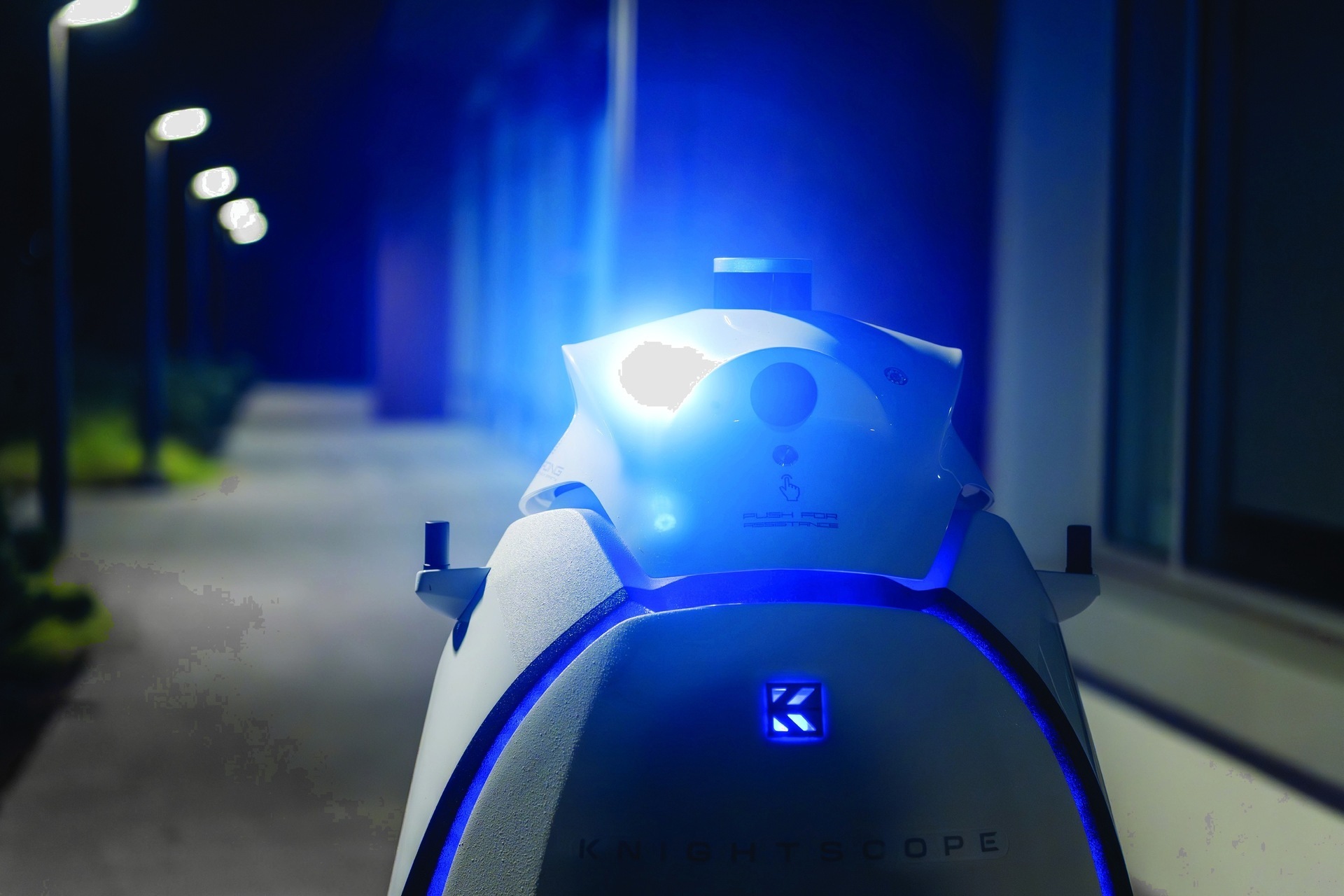 Knightscope K5 patrol robot at night