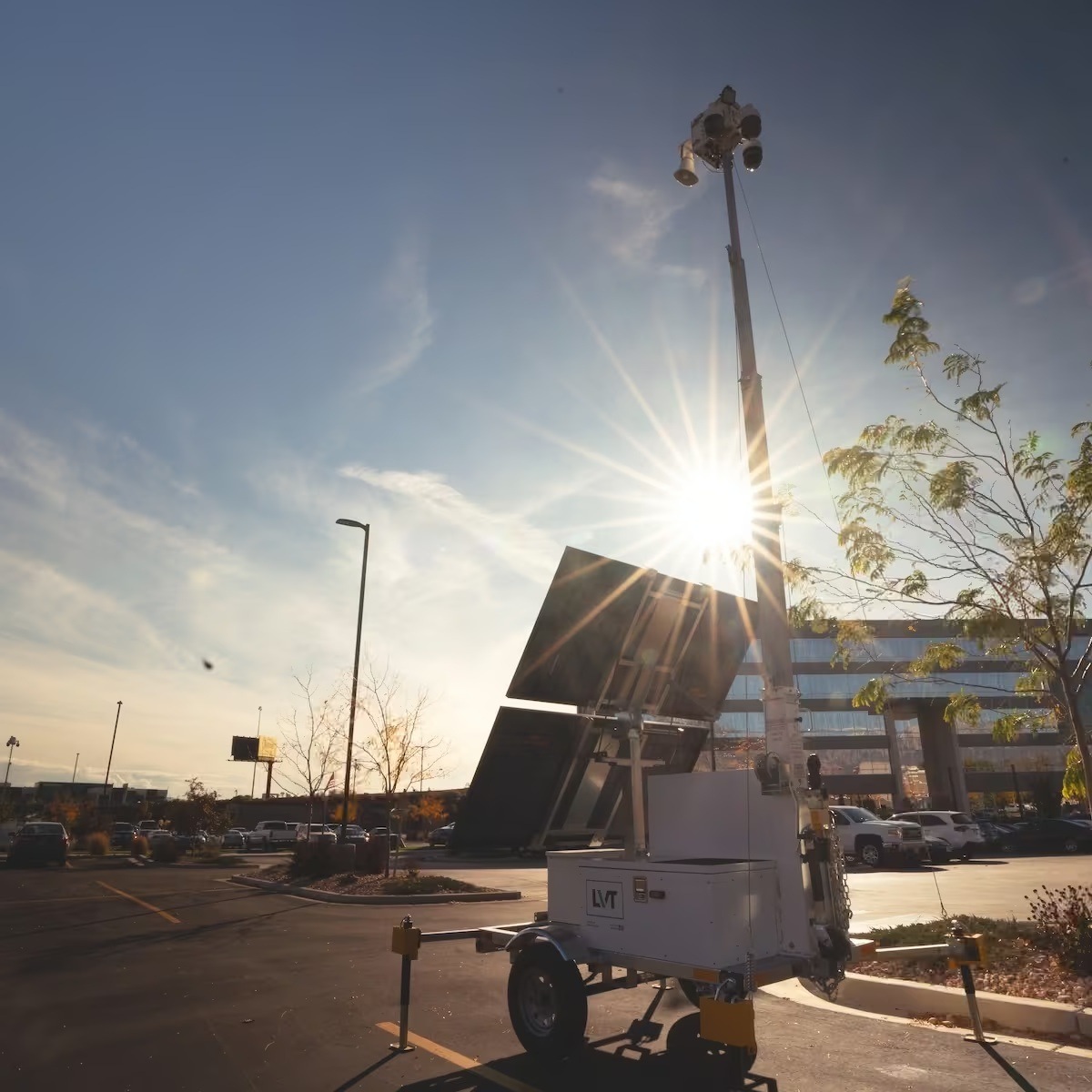 LVT deployable security tower with elevated mast and solar panels