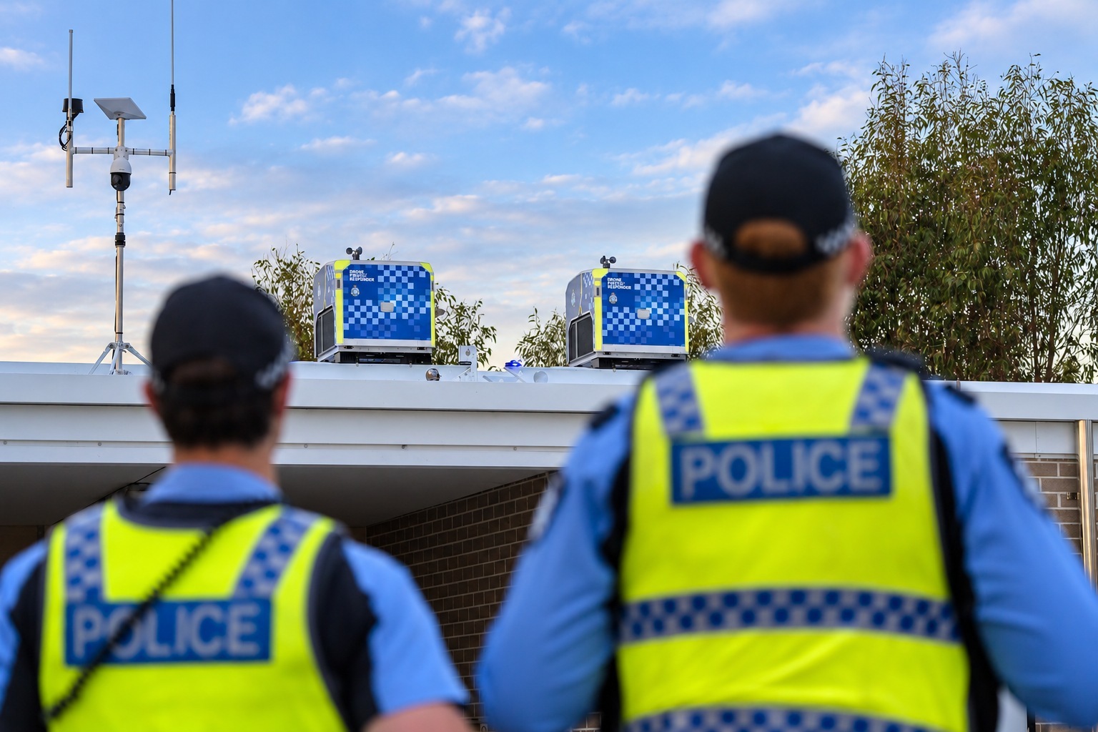 WA Police source photograph of the first-responder drone hubs. The capability is dispatched to incidents; the image does not establish response outcomes.